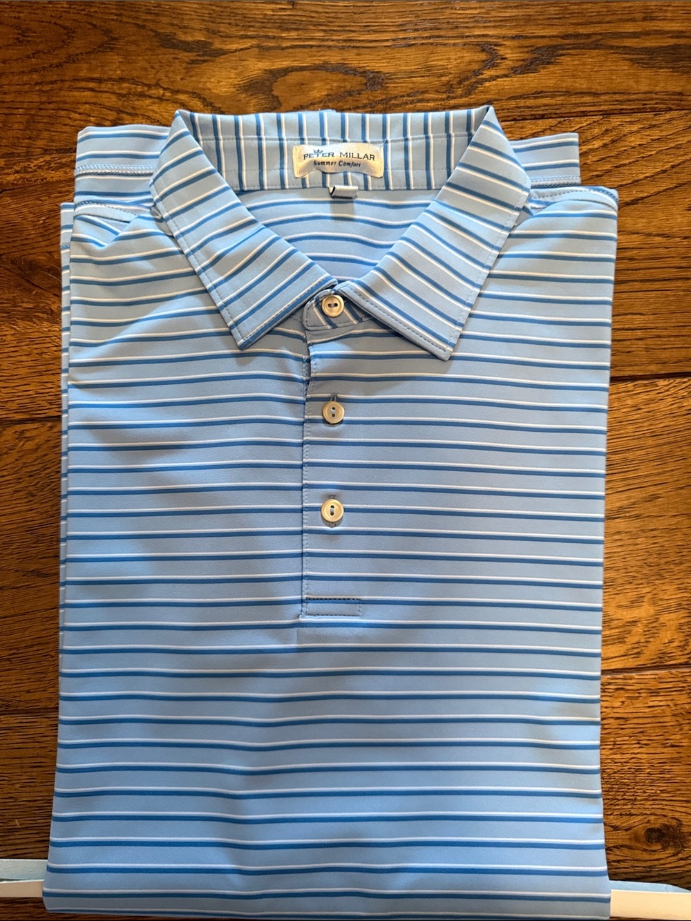 Peter Millar Light Blue and Navy Striped Performance Polo